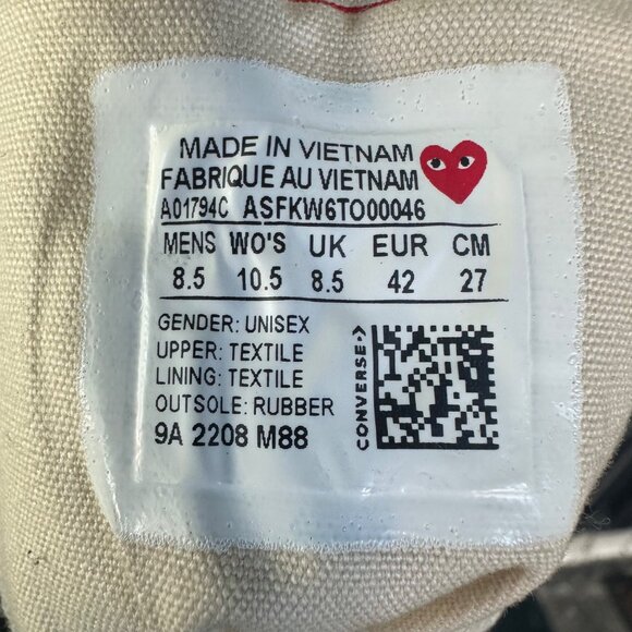 ❤️Converse Chuck All Star 70 Hi Comme des Garcons PLAY 10.5 Womens Shoes A01794C - Picture 13 of 13